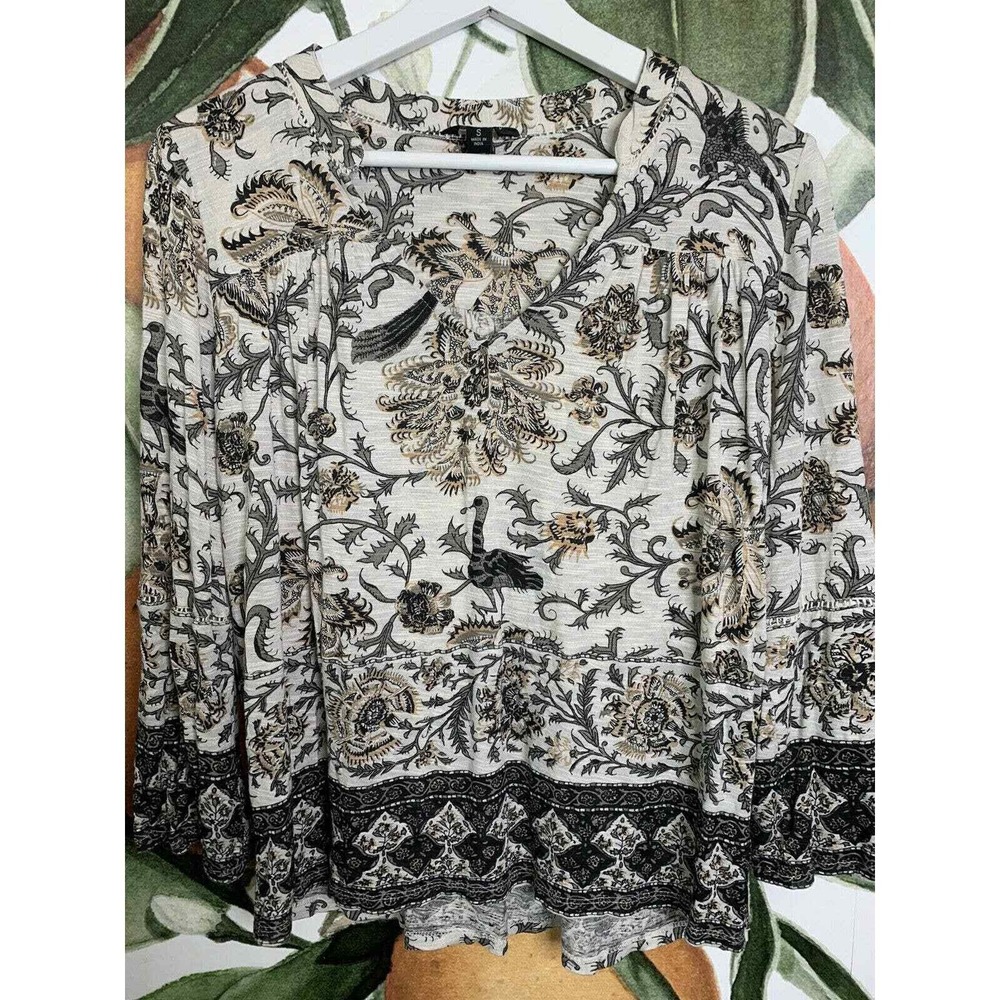 Lucky Brand Small Top Cream Brown Floral Peasant Popover Blouse Top